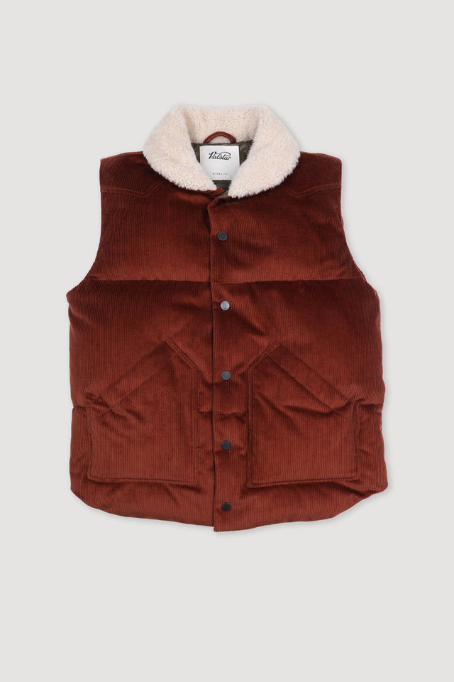 Goose down vest in suede leather with shearling collar. Orange - Terra di siena