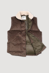 Goose down vest in suede leather with shearling collar. Brown - Fungo
