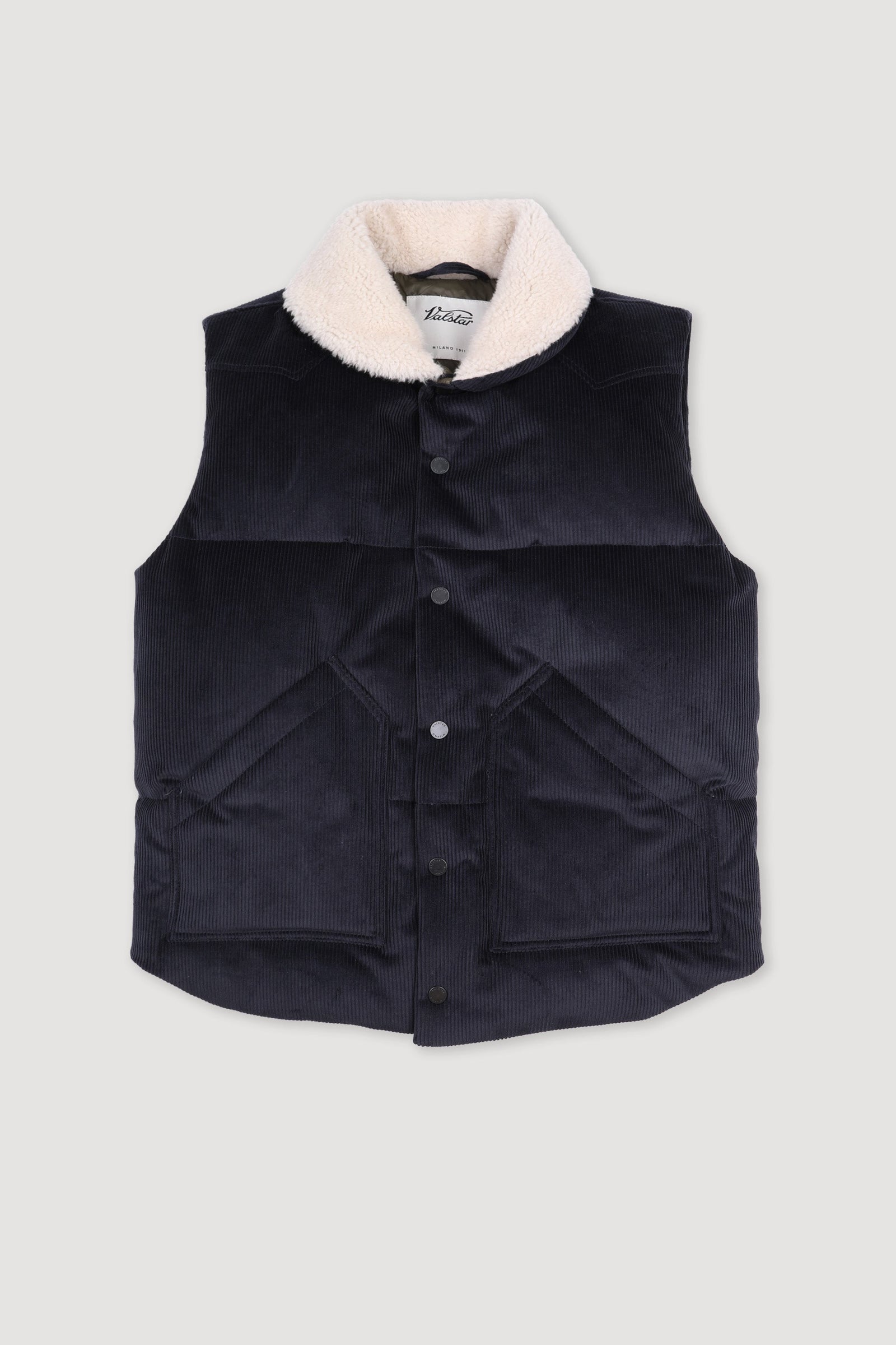 Goose Down Vest In Suede Leather With Shearling Collar Blue