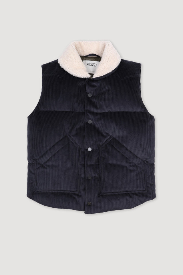 Goose down vest in suede leather with shearling collar. Blue - Navy