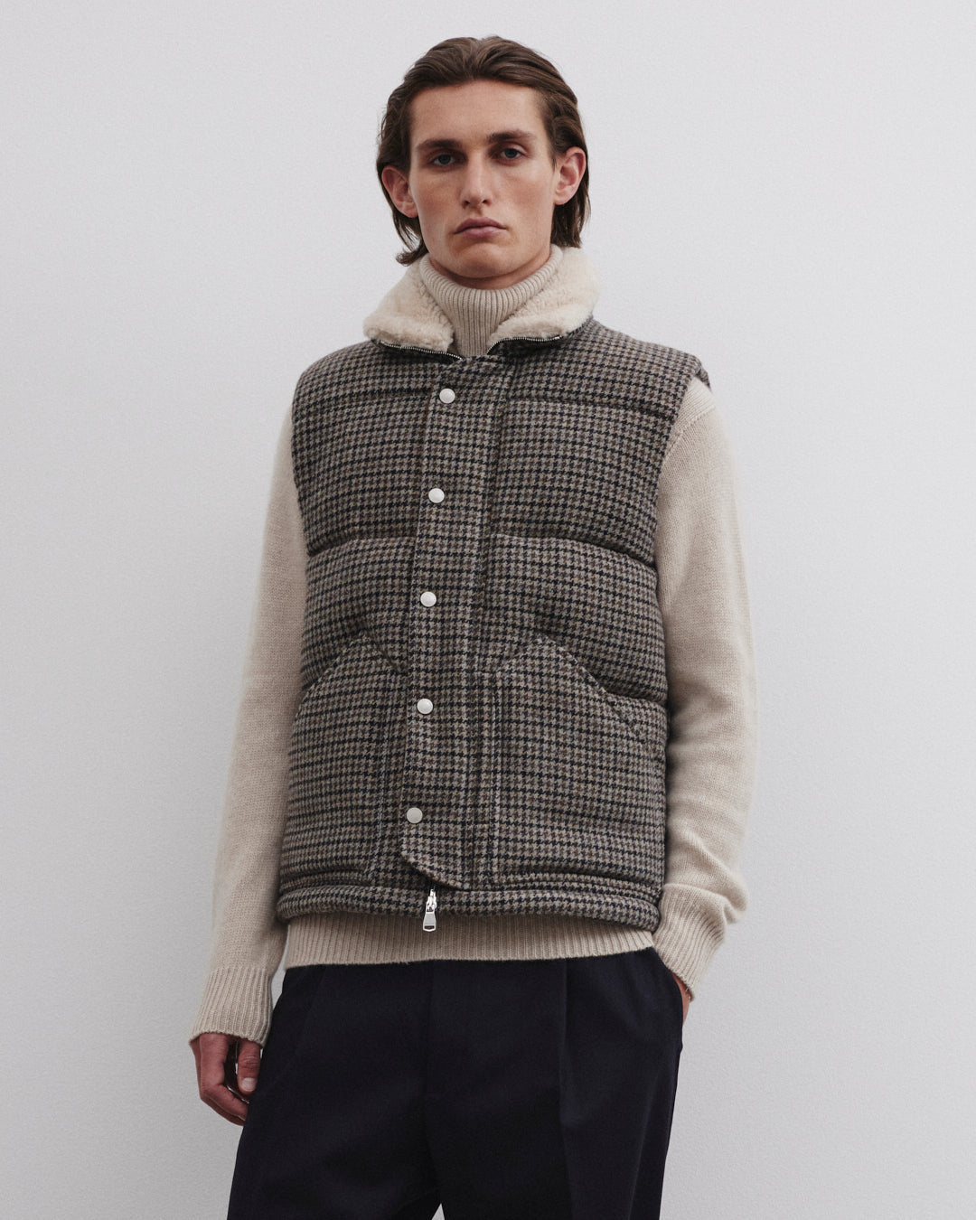 Oscar Padded Vest In Houndstooth Wool Fabric With Shearling Collar Grey Black Azzurro