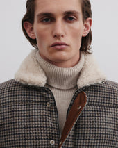 Oscar padded vest in houndstooth wool fabric with shearling collar. Grey - Ecru/Black/Azzurro