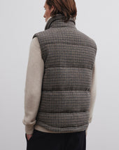 Oscar padded vest in houndstooth wool fabric with shearling collar. Grey - Ecru/Black/Azzurro