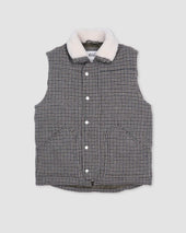 Oscar padded vest in houndstooth wool fabric with shearling collar. Grey - Ecru/Black/Azzurro
