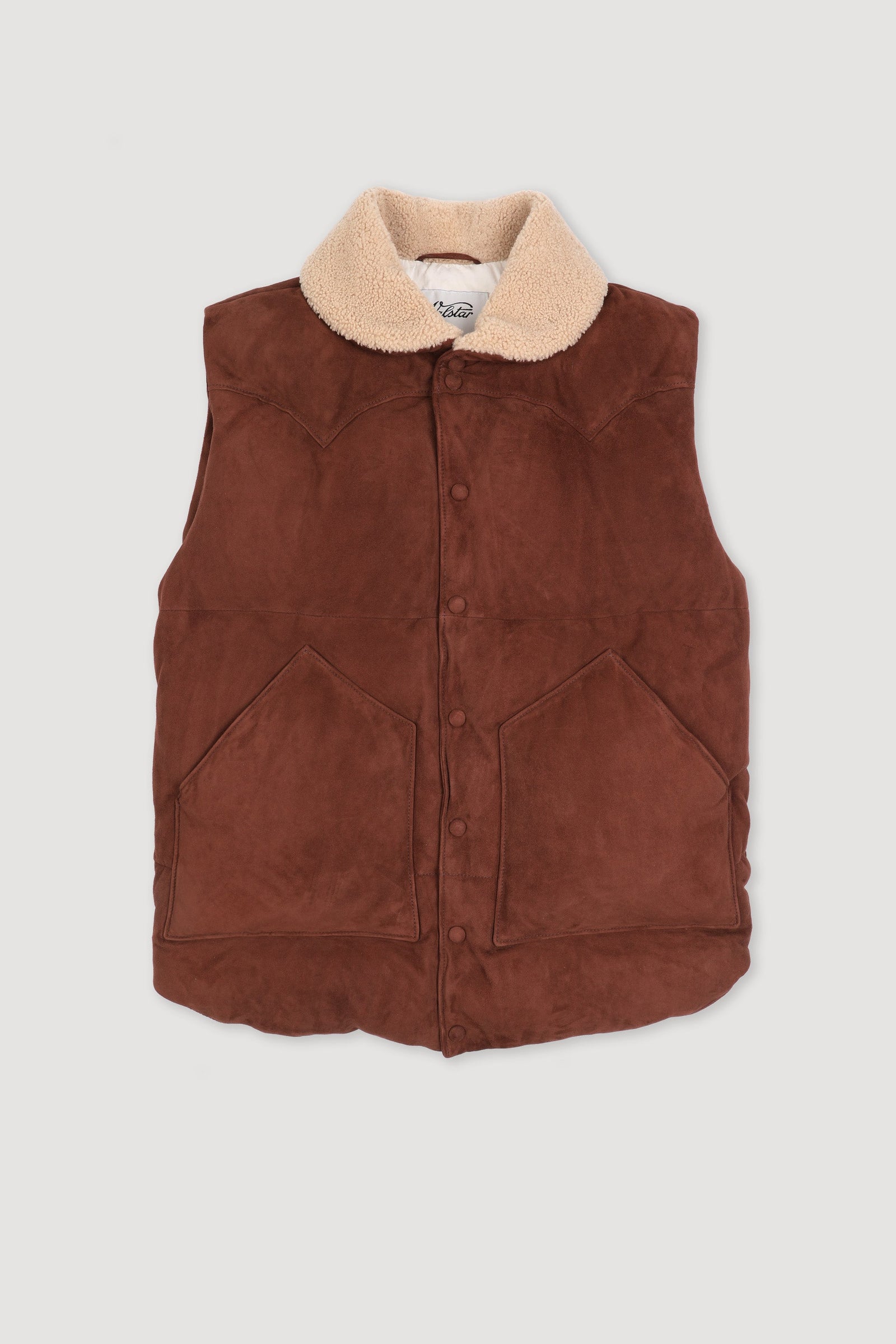 Down Padded Vest In Suede Leather Whit Shearling Collar Creta Scuro