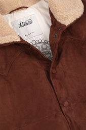 Down padded vest in suede leather whit shearling collar. Brown - Creta scuro