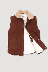 Down padded vest in suede leather whit shearling collar. Brown - Creta scuro