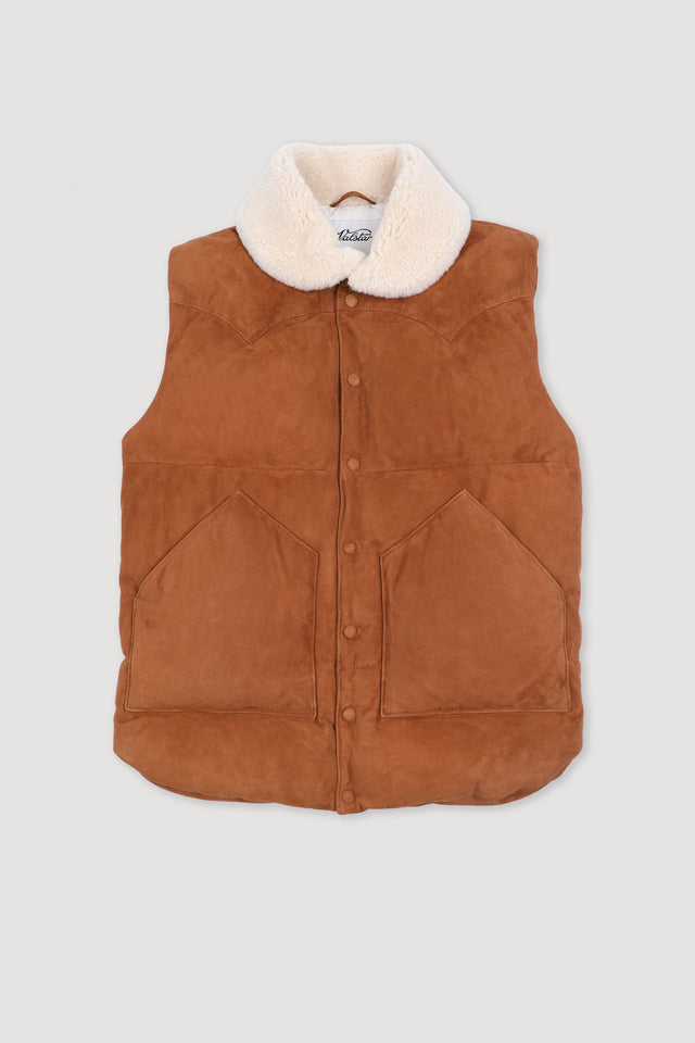Down padded vest in suede leather whit shearling collar. Brown - Sandal