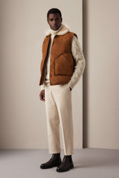 Down padded vest in suede leather whit shearling collar. Brown - Sandal