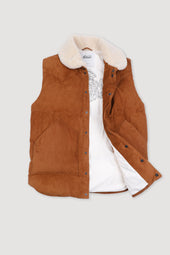 Down padded vest in suede leather whit shearling collar. Brown - Sandal