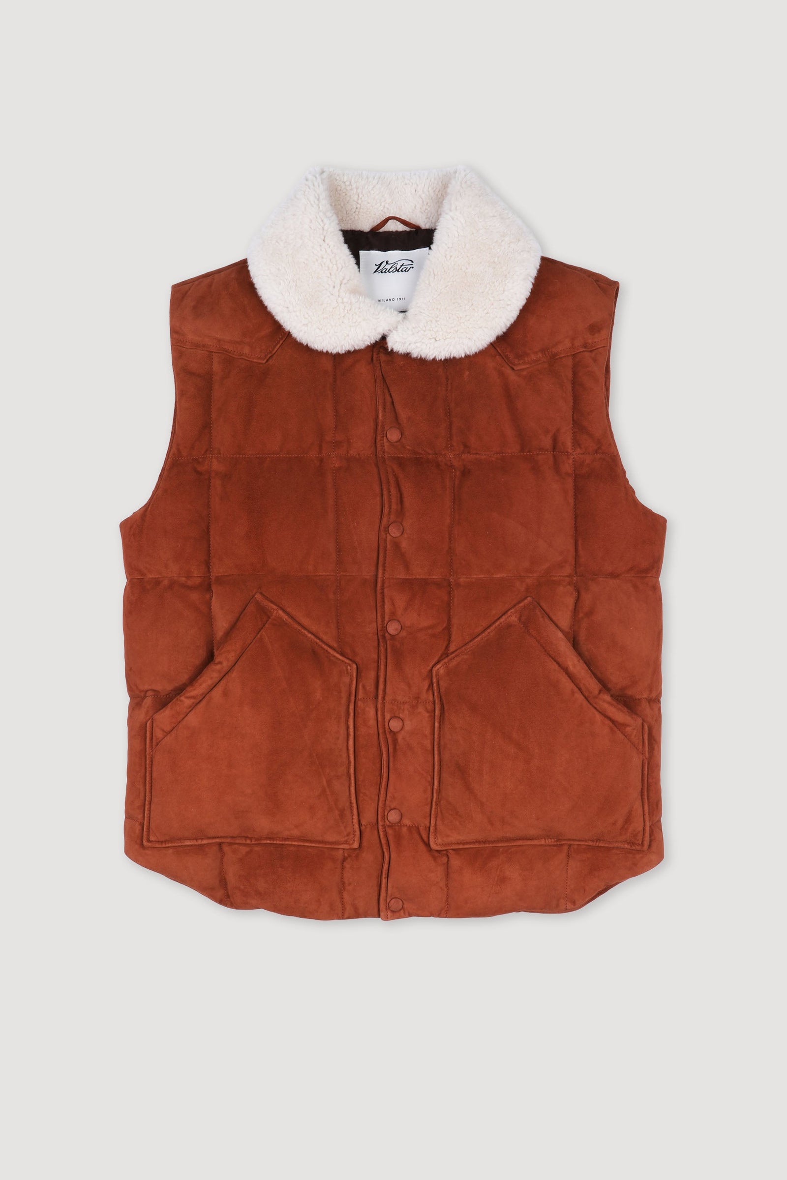 Yosemite Down Padded Vest In Suede Leather Whit Shearling Collar Brown Brandy