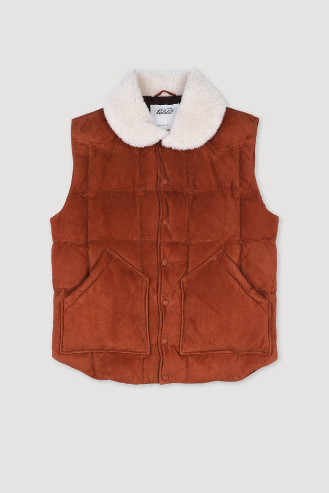 Yosemite down padded vest in suede leather whit shearling collar. Brown - Brandy