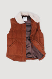 Yosemite down padded vest in suede leather whit shearling collar. Brown - Brandy