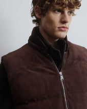 Locke down padded vest in suede leather whit knit collar. Brown - Caffè