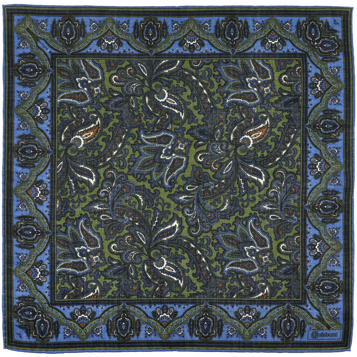 Paisley Motif Wool Silk Pocket Square Green Blue 40x40cm