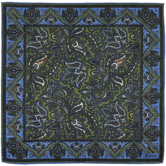 Paisley Motif Wool / Silk Pocket Square - Green / Blue - 40x40cm