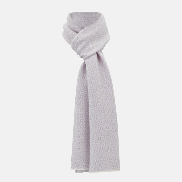 Ivory and Lilac Lozenge-Patterned Cashmere Knitted Scarf