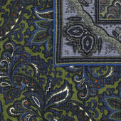 Paisley Motif Wool Silk Pocket Square Green Blue 40x40cm