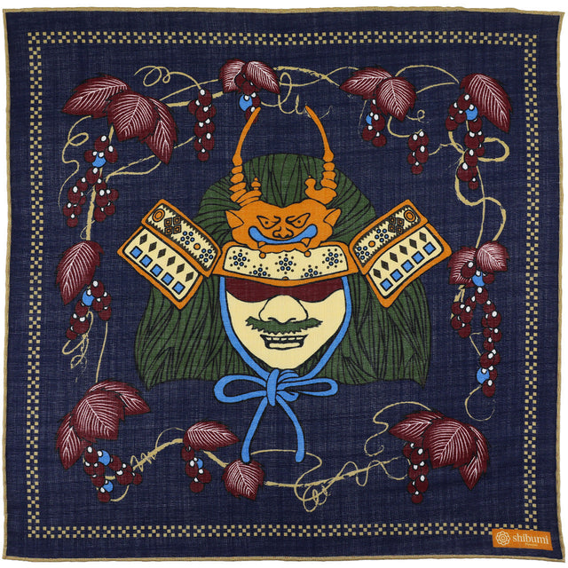 Samurai Motif Wool / Silk Pocket Square - Navy - 40x40cm