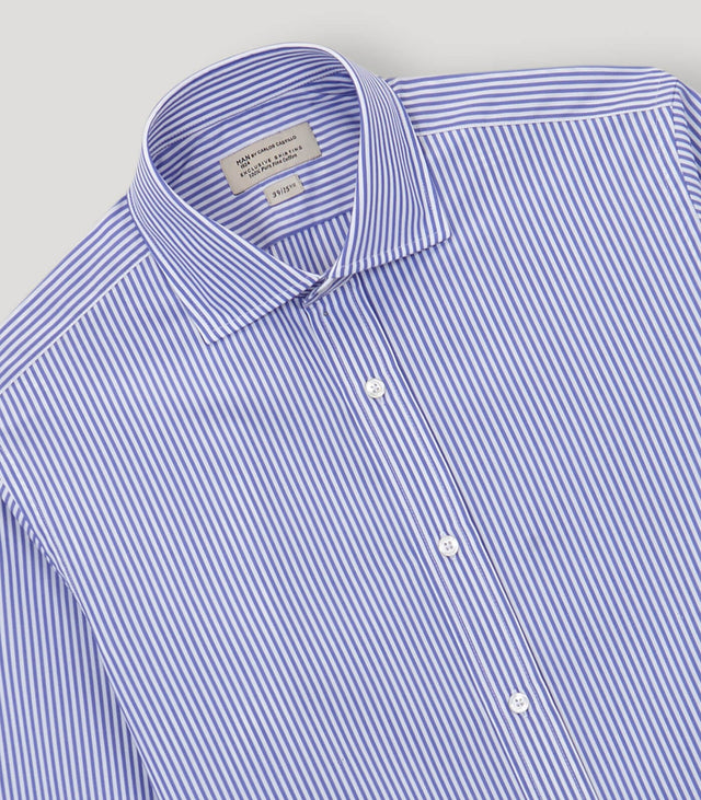 Blue- White Wide Striped English Collar Dress Shirt