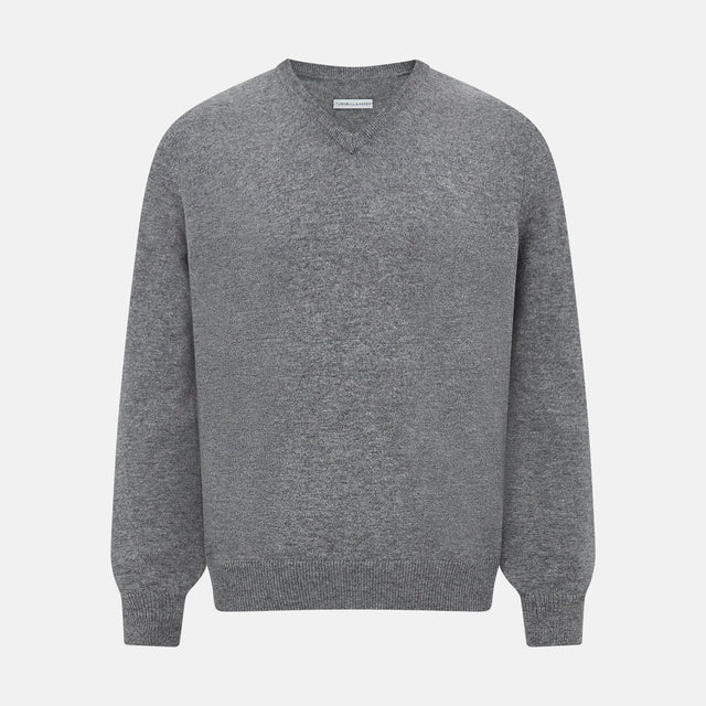 Grey Melange Cashmere V-neck Jumper