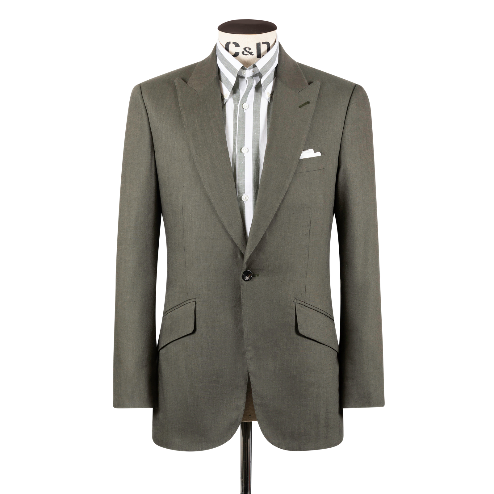 Single Breasted Peak Lapel Suit In Green Wool Silk And Linen