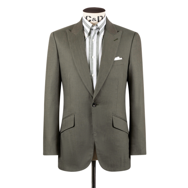 Single Breasted Peak Lapel Suit in Green Wool, Silk and Linen