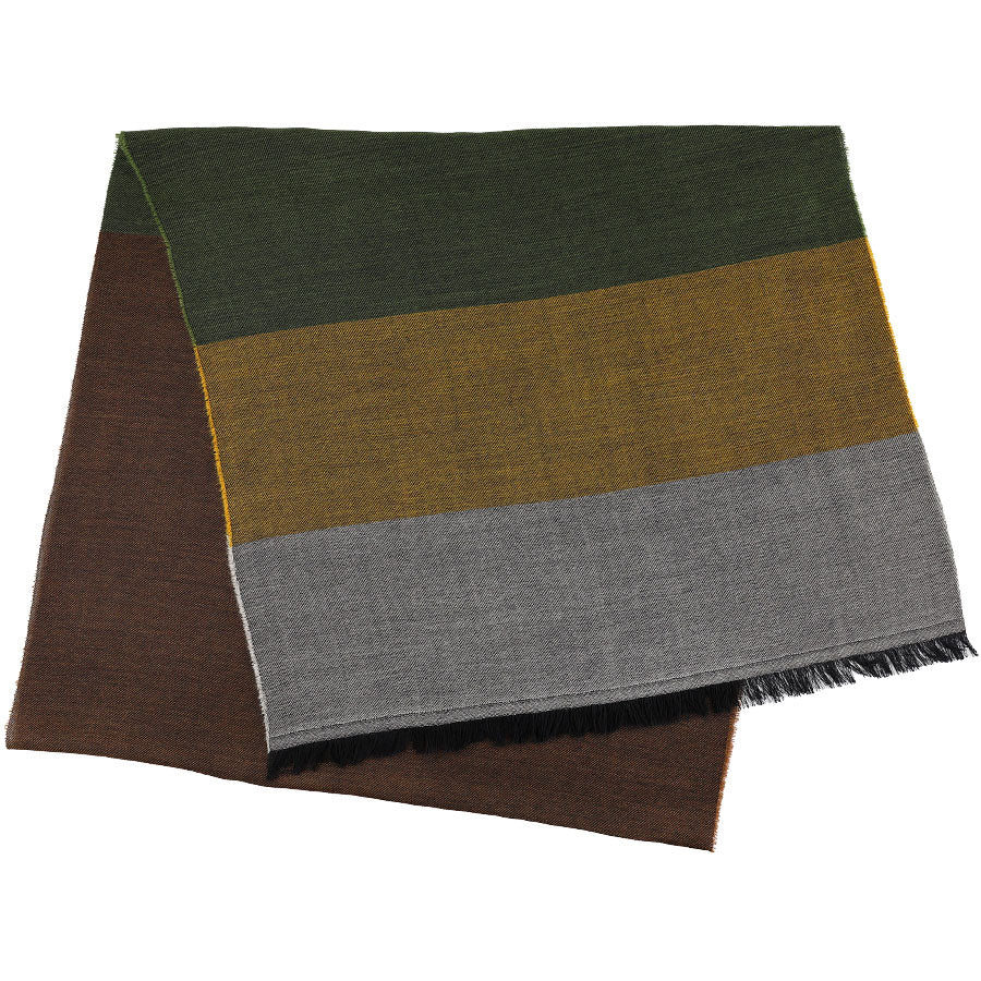 Striped Wool Silk Scarf Brown Green Yellow Grey