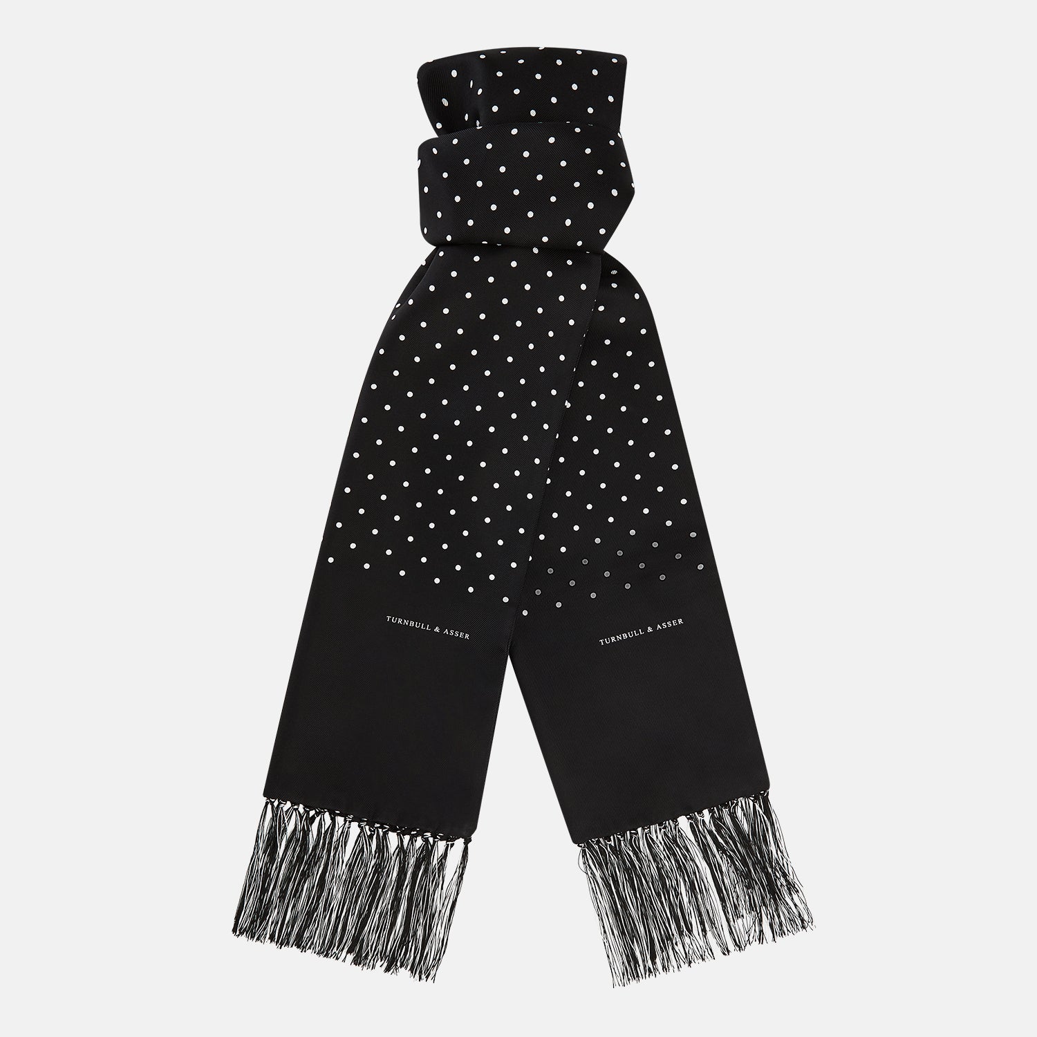 And White Spotted Silk Scarf With Fringes