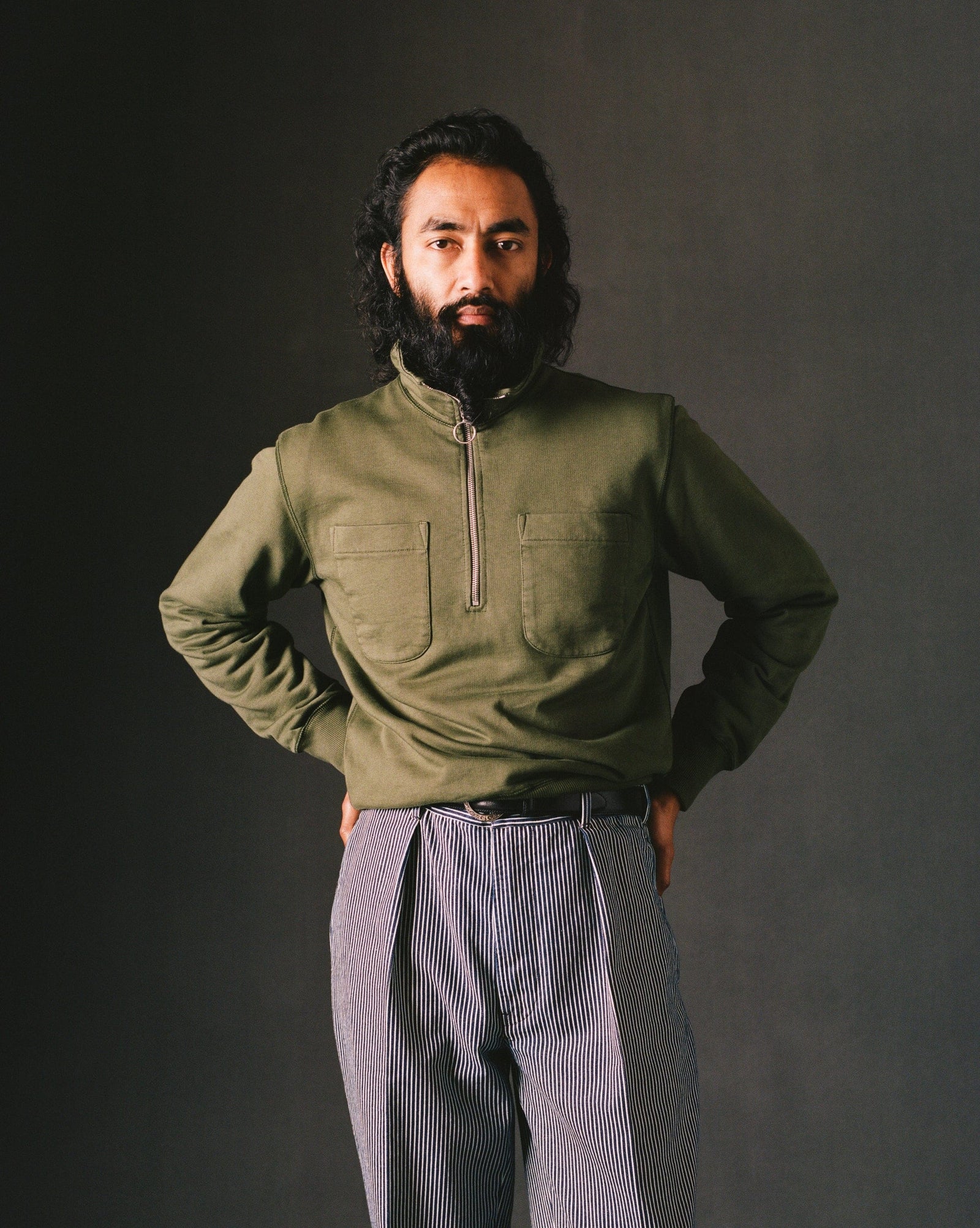 Green Cotton Quarter Zip Collared Sweatshirt