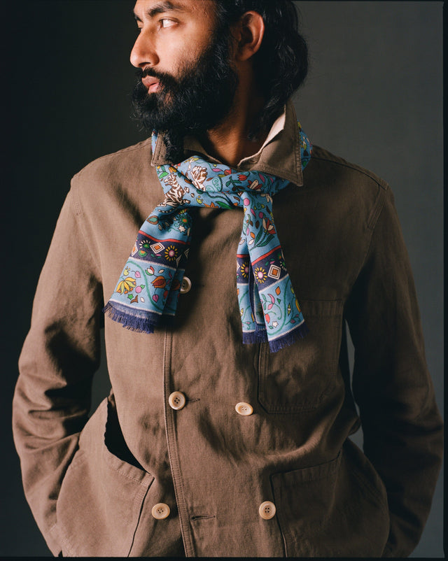 Blue Tiger Garden Print Wool Silk Scarf