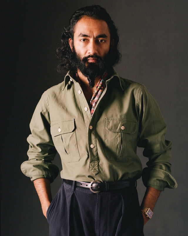 Green Satin Cotton Popover Work Shirt