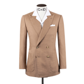Double Breasted Peak Lapel Suit in Tobacco Wool, Silk and Linen