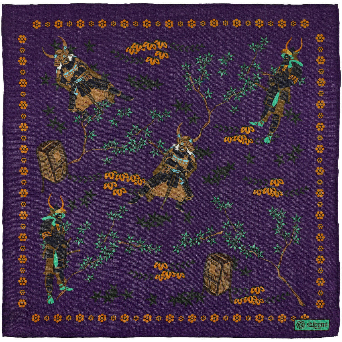 Samurai Motif Wool Silk Pocket Square Purple 40x40cm
