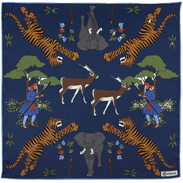 Animal Motif Silk Pocket Square - Navy - 40x40cm