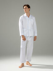 120s Cotton Twill White with Blue Piping Pajamas