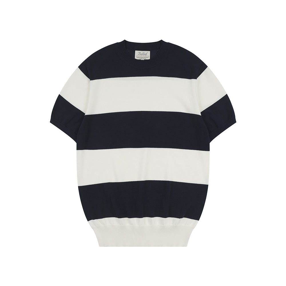 Essential Hard Twist Cotton Short Sleeve Striped Knit Navy