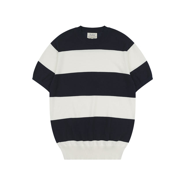 Essential Hard Twist Cotton Short Sleeve Striped Knit (Ivory/Navy)