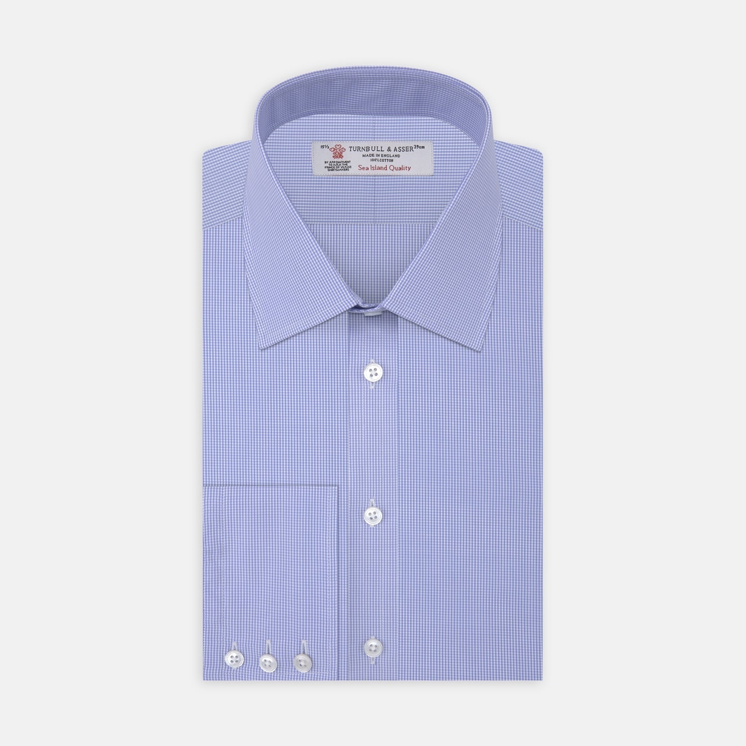 Blue Fine Check Sea Island Quality Cotton Shirt with T&amp;A Collar and 3-Button Cuffs