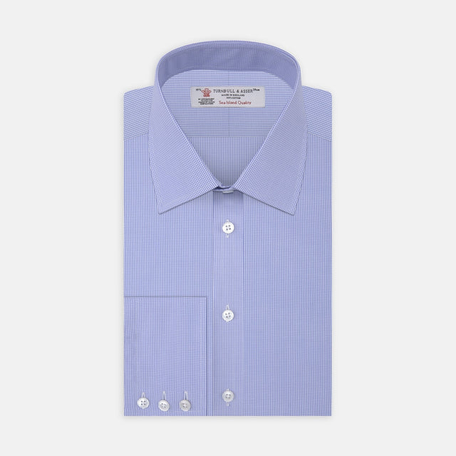 Blue Fine Check Sea Island Quality Cotton Shirt with T&amp;A Collar and 3-Button Cuffs