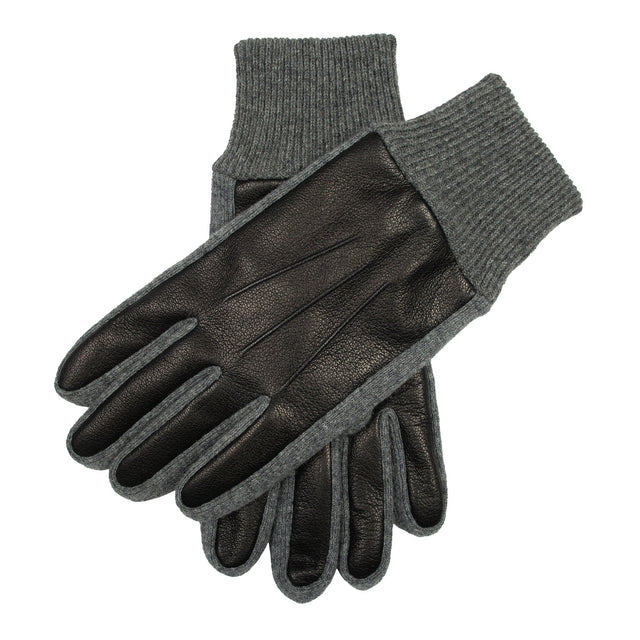 Men's Three-Point Fleece-Lined Imitation Deerskin Leather Gloves with Knitted Cuffs