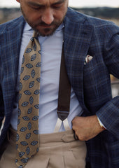 Geometrical Japanese Jacquard Silk Tie Beige Hand Rolled