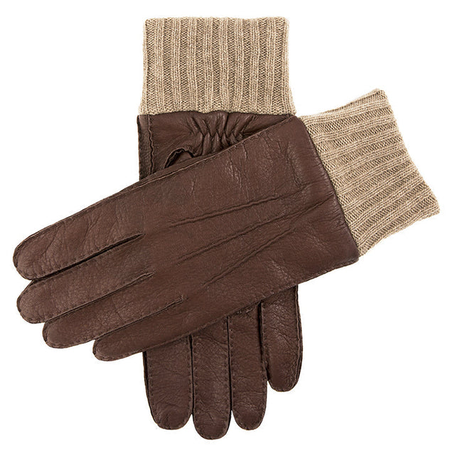 Men's Handsewn Three-Point Cashmere-Lined Deerskin Leather Gloves with Cashmere Cuffs
