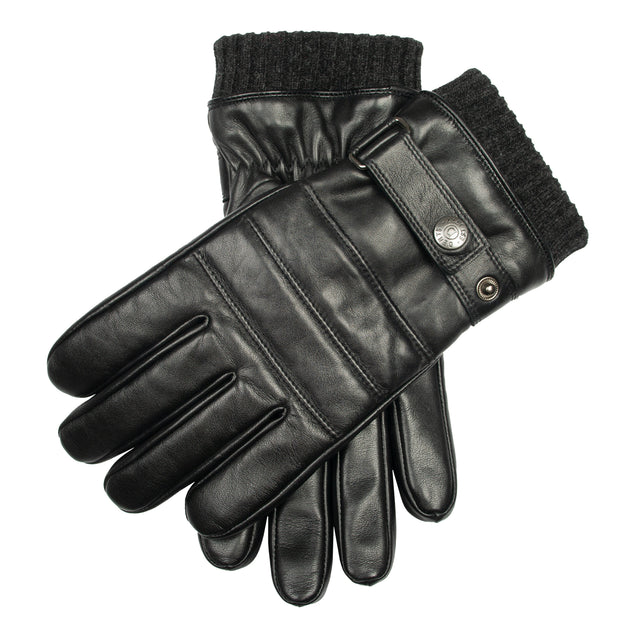 Men's Water-Resistant Faux Fur-Lined Leather Gloves with Stitch Detail and Knitted Cuffs