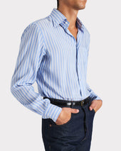 Chemise Col Large En Popeline De Soie Rayures Boucher Bleue Et Blanche