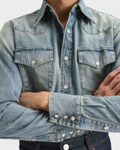 Chemise Western En Denim De Coton Selvedge Bleue D Lav