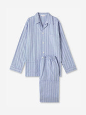 Men's Classic Fit Pajamas Arran Brushed Cotton Blue Herringbone Stripe