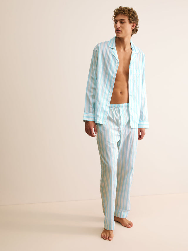 Men's Classic Fit Pajamas Amalfi Cotton Batiste Aqua Blue Stripe