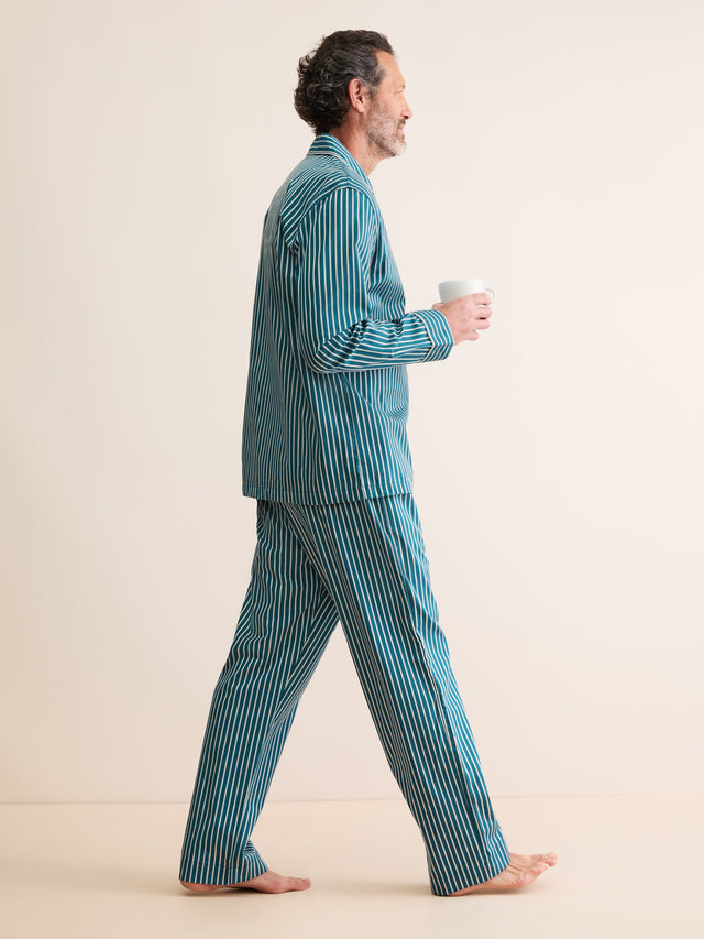 Men's Classic Fit Pajamas Royal Cotton Teal & White Stripe