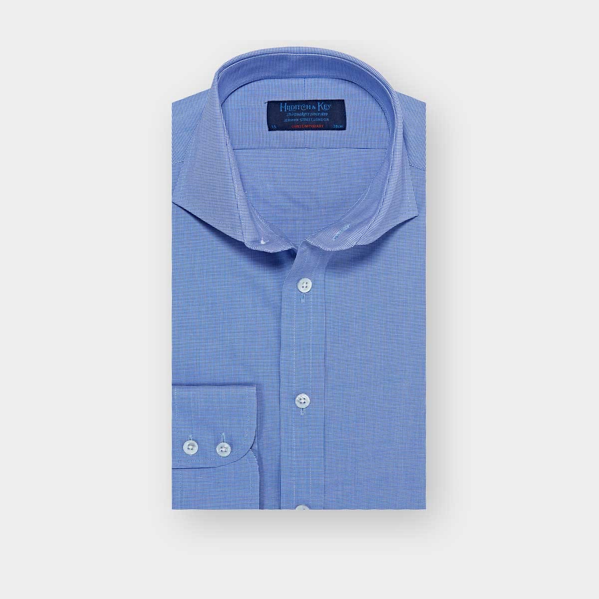 Contemporary Fit Micro Houndstooth Check Cotton Shirt With Cut Away Collar Two Button Cuff